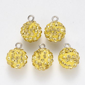 Polymer Clay Rhinestone Charms, with Platinum Plated Iron Loop, Round, Pave Disco Ball, Light Colorado Topaz, PP16(2.2~2.3mm), 15x12mm, Hole: 2mm