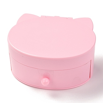 Cat Shaped Plastic Jewelry Boxes, Double Layer with Cover and Mirror, Pink, 14x15.5x7.6cm, 5 compartments/box
