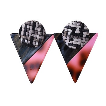 Cellulose Acetate(Resin) Ear Studs, with Cloth Fabric Covered and 304 Stainless Steel Findings, Triangle, Brown, 59x42.5x9mm, Pin: 0.7mm