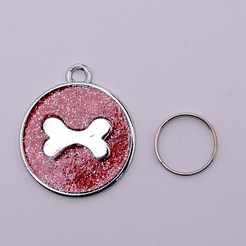 Alloy Charms, with Gold Foil and Iron Rings, Cadmium Free & Lead Free, Flat Round with Bone, Red, 29.5x25.5x1.5mm, Hole: 3mm