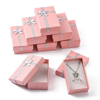 Valentines Day Wife Gifts Packages Cardboard Jewelry Set Boxes with Bowknot and Sponge Inside, for Necklaces and Pendants, Rectangle, Pink, 80x50x25mm