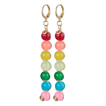 304 Stainless Steel Leverback Earrings, Colorful Glass Round Beaded Long Drop Earrings, Real 24K Gold Plated, 80x8~8.5mm