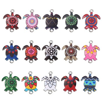 60Pcs 15 Styles Alloy Enamel Connector Charms, Sea Turtle Links, Platinum, Mixed Color, 24x18mm, hole: 1.9mm, 4pcs/style