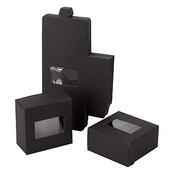 Foldable Creative Kraft Paper Box, Wedding Favor Boxes, Favour Box, Paper Gift Box, with Plastic Clear Window, Rectangle, Black, 8x8x4cm