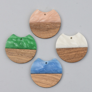 Opaque Resin & Walnut Wood Pendants, Gap Flat Round, Mixed Color, 34x36.5x3mm, Hole: 2mm