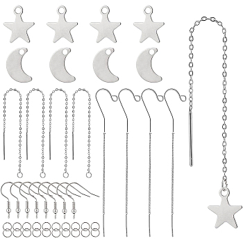 BENECREAT Moon & Star Dangle Earrings DIY Making Kit, Including 304 Stainless Steel Earring Findings & Hooks & Jump Ring, Brass Stud Earring Findings, 201 Stainless Steel Charms, Stainless Steel Color, Charm: 32pcs/set