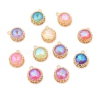 K9 Glass Pendants, with Light Gold Brass Finding, Flat Round Charms, Mixed Color, 18x14.5x5.5mm, Hole: 1.6mm(KK-E071-03KCG)