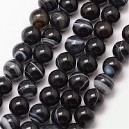 Natural Striped Agate/Banded Agate Bead Strands, Round, Grade A, Dyed & Heated, Black, 8mm, Hole: 1mm, about 47pcs/strand, 15 inch(G-K166-13-8mm-05)