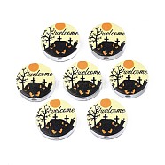 Halloween Printed Natural Wood Beads, Flat Round with Word Welcome & Burial Ground Pattern, Lemon Chiffon, 19~20x5.9mm, Hole: 2~2.2mm(WOOD-T021-75)