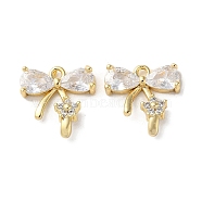 Brass Micro Pave Cubic Zirconia Pendants, Bowknot Charms, Real 18K Gold Plated, 13x12.5x3mm, Hole: 1mm(KK-F872-15G-01)