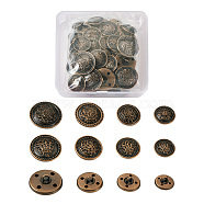 80Pcs 8 Style Brass Shank Buttons, Flat Round with Flower Pattern, Antique Bronze, 15~25mm, 10pcs/style(BUTT-TA0001-08AB)