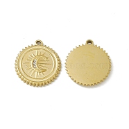 Vacuum Plating 201 Stainless Steel Pendants, with Rhinestone, Flat Round with Moon Charm, Real 18K Gold Plated, 20x18.5x2mm, Hole: 1.5mm(STAS-J401-VC581)