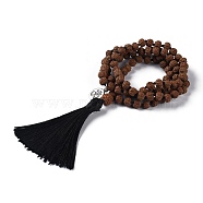 Dual-use Items, Rudraksha Mala Beads Four Loops Wrap Bracelets or Necklaces, with Alloy Aum/Om Symbol Pendants and Tassels, Sienna, 35-3/8 inches(90cm)(BJEW-H536-01)
