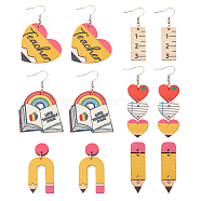 6 Pairs 6 Styles Teachers' Day Wood Dangle Earrings with Iron Pins, Stud Earrings, Heart & Pencil & Book & Ruler, Mixed Color, 48~75x14~42mm, 1 Pair/style(EJEW-AN0004-85)