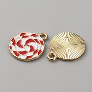 Christmas Themed Alloy Enamel Pendants, Golden, Flat Round with Vortex Pattern, White, 18x15x1.3mm, Hole: 1.6mm(ENAM-WH0058-017H)