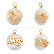 4Pcs 2 Styles Mother's Day Theme Natural Cultured Freshwater Pearl Pendants, Nuggets Charm, with Brass Micro Pave Clear Cubic Zirconia Findings, Word Mom, Golden, 14~28x11~22x5~12mm, Hole: 1.2~2mm, 2pcs/style(PEAR-NB0001-82)