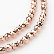 Eco-Friendly Long-Lasting Plated Non-magnetic Synthetic Hematite Smooth Beads Strands, Faceted Round, Rose Gold Plated, 3mm, Hole: 1mm, about 135pcs/strand, 15.5 inch(G-I175-34-3mm-RG)