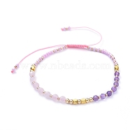 Adjustable Nylon Thread Braided Bead Bracelets, with Natural Rose Quartz & Amethy stBeads, Glass Seed Beads and Brass Beads, Pink, Inner Diameter: 2-1/4 inch~3 inch(5.8~7.5cm)(BJEW-JB05161-01)