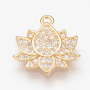 Brass Micro Pave Cubic Zirconia Charms, Lotus, Nickel Free, Real 18K Gold Plated, Clear, 13x13x2mm, Hole: 1mm(X-ZIRC-Q002-108G)