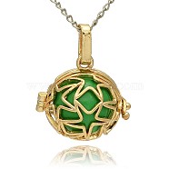 Golden Tone Brass Hollow Round Cage Pendants, with No Hole Spray Painted Brass Ball Beads, Lime Green, 23x24x18mm, Hole: 3x8mm(KK-J231-04G)