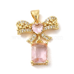 Rack Plating Brass Micro Pave Cubic Zirconia Pendants, Cadmium Free & Lead Free, Long-Lasting Plated, Real 18K Gold Plated, Bowknot with Rectangle, Pink, 22x19x4.5mm, Hole: 5x3.5mm(KK-P241-19G-05)
