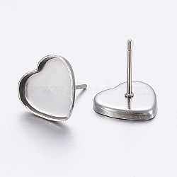 Tarnish Resistant 304 Stainless Steel Ear Stud Findings, Heart, Stainless Steel Color, Tray: 11.5x10mm, 11x12x1.5mm, Pin: 0.8mm(STAS-P198-21)