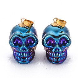 Electroplate K9 Glass Pendants, with Golden Plated Brass Bails, Skull, Halloween, Medium Blue, 25x26~27x19mm, Hole: 5x3mm(EGLA-N009-001-E02)