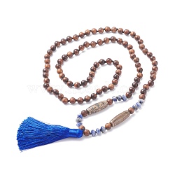 108 Mala Beads Necklace with Tassel, Natural Wood & Blue Spot Jasper & Agate Beaded Necklace, Meditation Prayer Jewelry for Women, Saddle Brown, 41.73 inch(106cm)(NJEW-JN03791)
