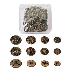 80Pcs 8 Style Brass Shank Buttons, Flat Round with Flower Pattern, Antique Bronze, 15~25mm, 10pcs/style(BUTT-TA0001-08AB)