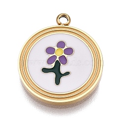 304 Stainless Steel Enamel Pendants, Flat Round with Flower Charm, Real 14K Gold Plated, 16x14x1mm, Hole: 1mm(STAS-L022-177A-G)