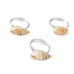 Natural Spiral Shell Finger Rings, Copper Wire Wrap Jewelry for Women, Silver, Pale Goldenrod, 1.5mm, Inner Diameter: 18mm, shell: 7.5~9x16~20.5mm(RJEW-TA00172-02)