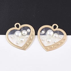 Epoxy Resin Pendants, with ABS Plastic Imitation Pearl and Alloy Findings, Heart, Matte Gold Color, Creamy White, 35x33.5x5.5mm, Hole: 3x4.5mm(X-RESI-S365-71)