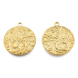 201 Stainless Steel Pendants, Flat Round with Sun & Moon, Real 18K Gold Plated, 29x25x2mm, Hole: 2mm(STAS-N098-168LG)