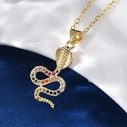 Brass Micro Pave Colorful Cubic Zirconia Snake Pendant Necklaces, Real 18K Gold Plated, 17.36 inch(44.1cm), Pendant: 25x14mm(NJEW-S438-02H-G)