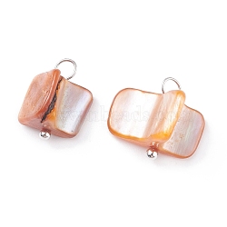 Natural Freshwater Shell Charms, with Platinum Tone Brass Findings, Dyed, Orange, 13.5~14x10~15x9~10mm, Hole: 2.5mm(PALLOY-JF01352-03)