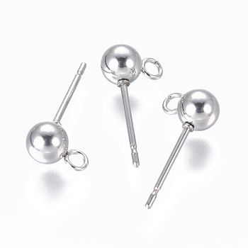 304 Stainless Steel Ear Stud Components, with Loop, Ball, Stainless Steel Color, 16x5mm, Hole: 1.6mm, Pin: 0.8mm
