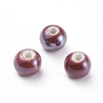Handmade Porcelain Beads, Pearlized, Round, Dark Red, 10mm, Hole: 2~3mm
