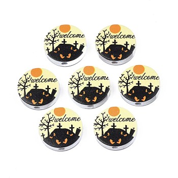Halloween Printed Natural Wood Beads, Flat Round with Word Welcome & Burial Ground Pattern, Lemon Chiffon, 19~20x5.9mm, Hole: 2~2.2mm