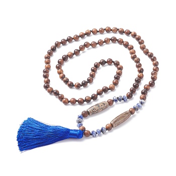 108 Mala Beads Necklace with Tassel, Natural Wood & Blue Spot Jasper & Agate Beaded Necklace, Meditation Prayer Jewelry for Women, Saddle Brown, 41.73 inch(106cm)
