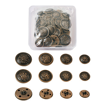 80Pcs 8 Style Brass Shank Buttons, Flat Round with Flower Pattern, Antique Bronze, 15~25mm, 10pcs/style