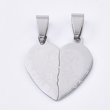 201 Stainless Steel Split Pendants, for Lovers, Heart with Heart, with Lovers & Word I Love You, For Valentine's Day, Stainless Steel Color, 25x24x1mm, Hole: 8x4mm