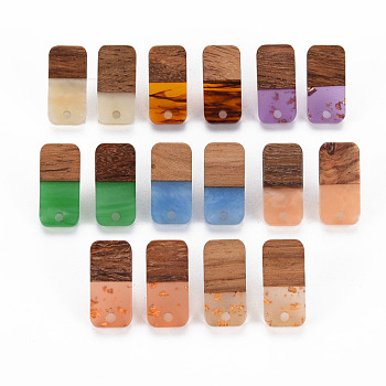 Two Tone Resin & Walnut Wood Stud Earring Findings, with 304 Stainless Steel Pin and Hole, Rectangle, Mixed Color, 21x10mm, Hole: 2mm, Pin: 0.7mm