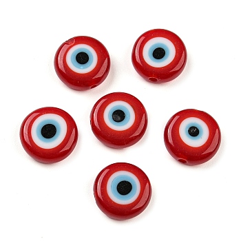 Handmade Evil Eye Lampwork Flat Round Bead Strands, Red, 12x4mm, Hole: 1mm, about 33pcs/strand, 14.76 inch