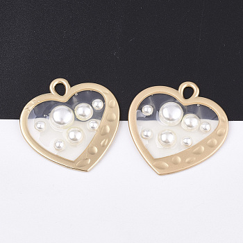 Epoxy Resin Pendants, with ABS Plastic Imitation Pearl and Alloy Findings, Heart, Matte Gold Color, Creamy White, 35x33.5x5.5mm, Hole: 3x4.5mm