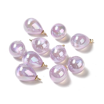 UV Plating Acrylic Pendants, with Light Gold Tone Brass Findings, Teardrop Charm, Lilac, 19.5x12mm, Hole: 1.6mm