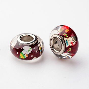 Large Hole Rondelle Resin European Beads, with Platinum Tone Brass Double Cores, Christmas, Dark Red, 14x8mm, Hole: 5mm