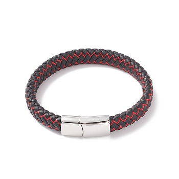 Leather Braided Cord Bracelets, with Nylon and 304 Stainless Steel Magnetic Clasp, Rectangle, Stainless Steel Color, 8-5/8 inch(22cm), 12x6mm