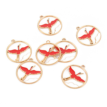 Eco-Friendly Alloy Enamel Pendants, Cadmium Free & Lead Free & Nickel Free, Light Gold, Ring with Crane, Red, 29x26.5x1.5mm, Hole: 1.8mm