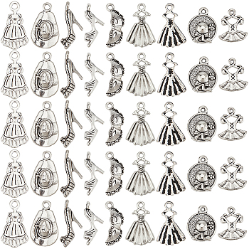 90Pcs 9 Styles Alloy Pendants, Apparel Charms, Antique Silver, 13.5~22x4~14x1.5~6mm, Hole: 0.8~2mm, 10pcs/style