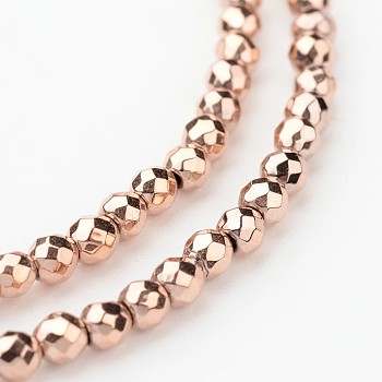 Eco-Friendly Long-Lasting Plated Non-magnetic Synthetic Hematite Smooth Beads Strands, Faceted Round, Rose Gold Plated, 3mm, Hole: 1mm, about 135pcs/strand, 15.5 inch